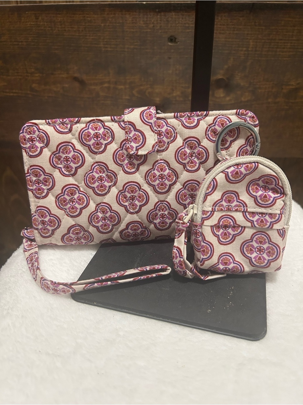 Vera Bradley Pink and Cream Floral Print Wristlet with Mini Pouch